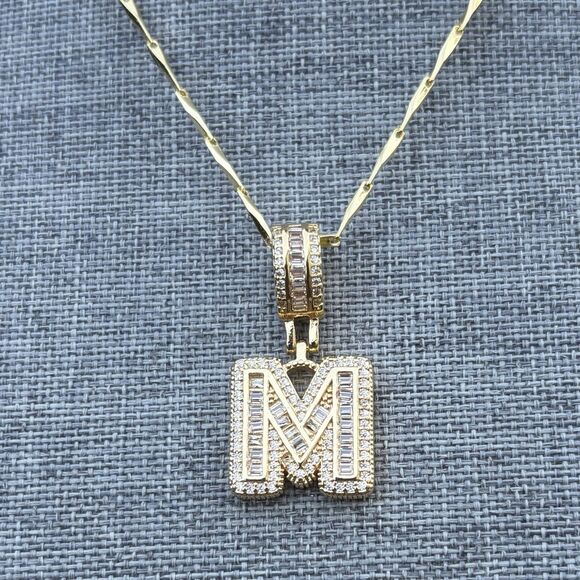 Letter "M" Iced Out Initial Pendant Gold Plated Necklace w/ CZ Rhinestones - Picture 3 of 6